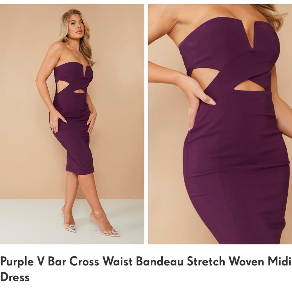 Purple V Bar Cross Waist Bandeau Stretch Woven Midi Dress NWOT